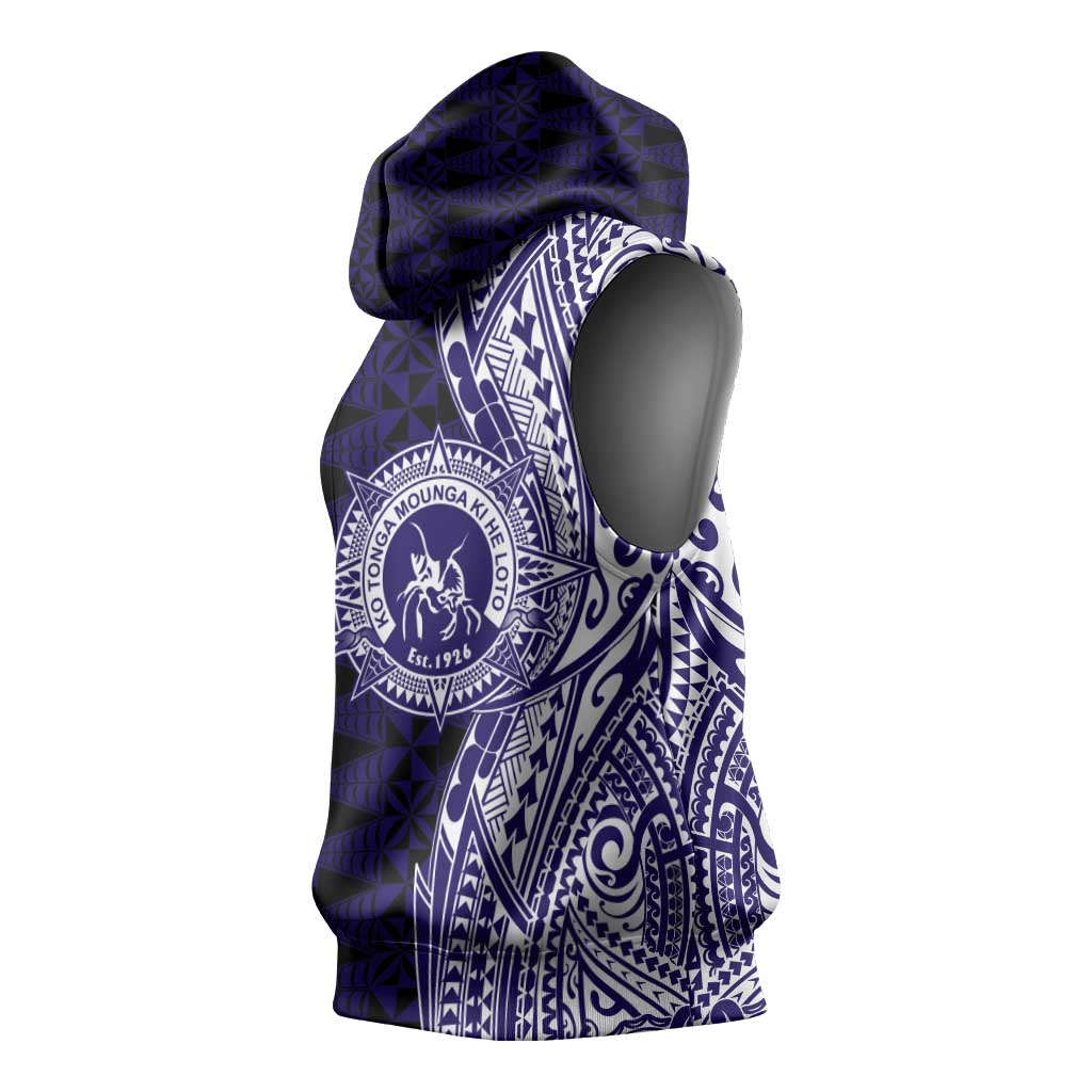 Tonga Queen Salote College 100th Years Sleeveless Hoodie Blue Tonga Kupesi Uniquely Pacific Art - Polynesian Pride