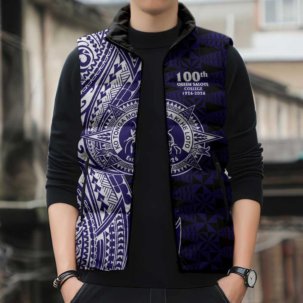 Tonga Queen Salote College 100th Years Sleeveless Puffer Jacket Blue Tonga Kupesi Uniquely Pacific Art - Polynesian Pride