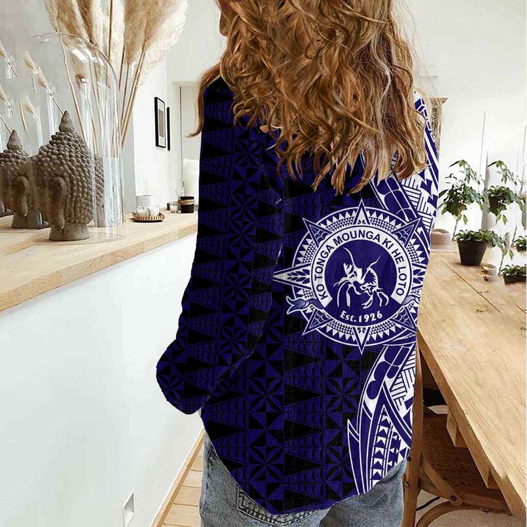 Tonga Queen Salote College 100th Years Women Casual Shirt Blue Tonga Kupesi Uniquely Pacific Art - Polynesian Pride