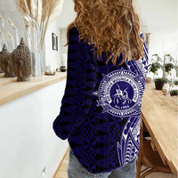 Tonga Queen Salote College 100th Years Women Casual Shirt Blue Tonga Kupesi Uniquely Pacific Art - Polynesian Pride
