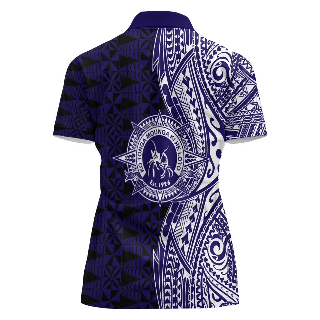 Tonga Queen Salote College 100th Years Women Polo Shirt Blue Tonga Kupesi Uniquely Pacific Art - Polynesian Pride