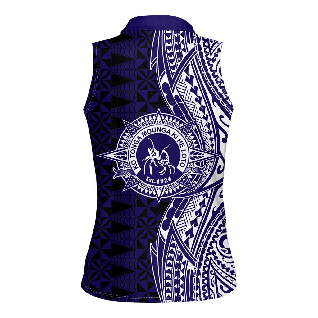 Tonga Queen Salote College 100th Years Women Sleeveless Polo Shirt Blue Tonga Kupesi Uniquely Pacific Art - Polynesian Pride