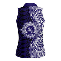 Tonga Queen Salote College 100th Years Women Sleeveless Polo Shirt Blue Tonga Kupesi Uniquely Pacific Art - Polynesian Pride