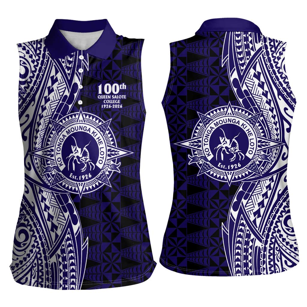 Tonga Queen Salote College 100th Years Women Sleeveless Polo Shirt Blue Tonga Kupesi Uniquely Pacific Art - Polynesian Pride