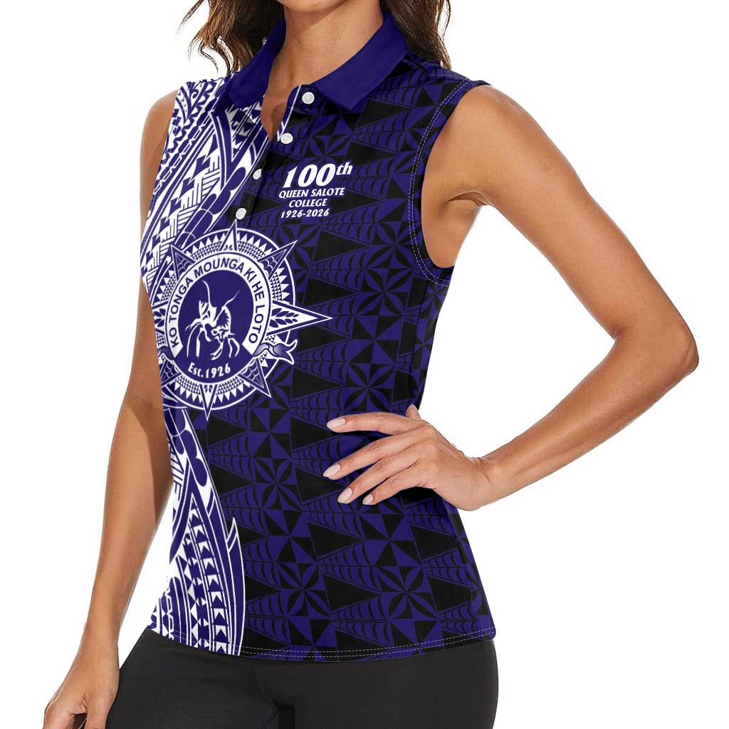 Tonga Queen Salote College 100th Years Women Sleeveless Polo Shirt Blue Tonga Kupesi Uniquely Pacific Art - Polynesian Pride
