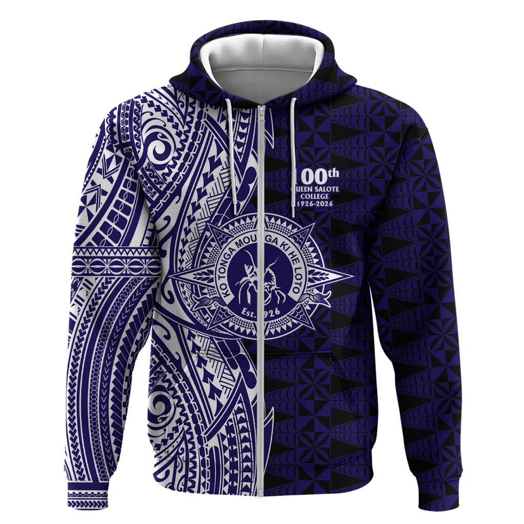 Tonga Queen Salote College 100th Years Zip Hoodie Blue Tonga Kupesi Uniquely Pacific Art - Polynesian Pride