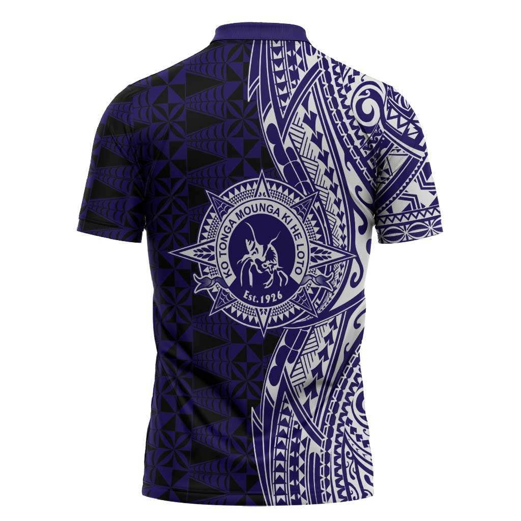 Tonga Queen Salote College 100th Years Zipper Polo Shirt Blue Tonga Kupesi Uniquely Pacific Art - Polynesian Pride