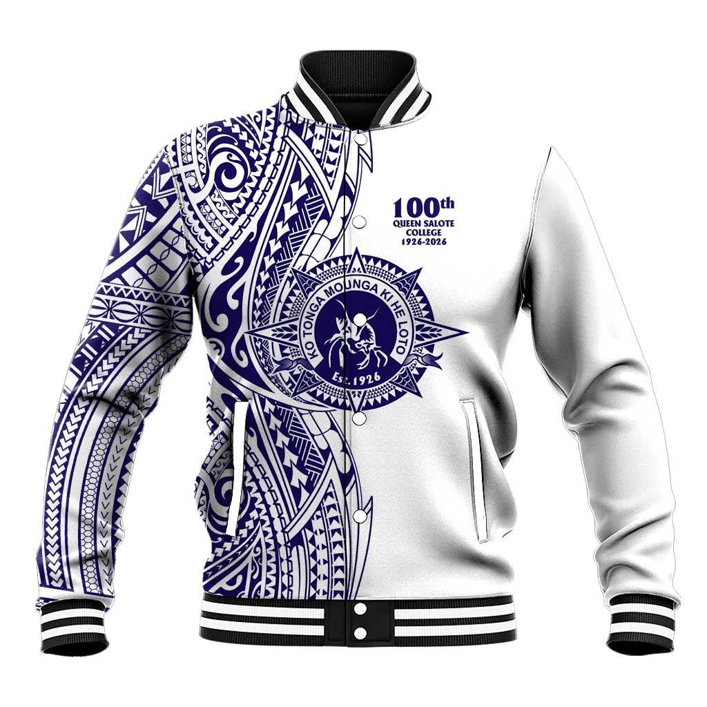Tonga Queen Salote College 100th Years Baseball Jacket White Tonga Kupesi Uniquely Pacific Art - Polynesian Pride