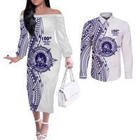 Tonga Queen Salote College 100th Years Couples Matching Off The Shoulder Long Sleeve Dress and Long Sleeve Button Shirt White Tonga Kupesi Uniquely Pacific Art - Polynesian Pride