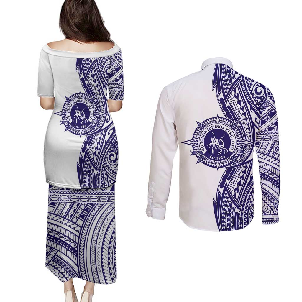 Tonga Queen Salote College 100th Years Couples Matching Puletasi and Long Sleeve Button Shirt White Tonga Kupesi Uniquely Pacific Art - Polynesian Pride
