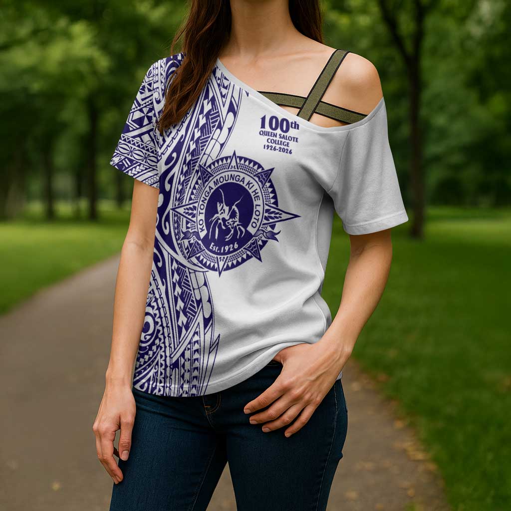 Tonga Queen Salote College 100th Years Cross Shoulder Shirt White Tonga Kupesi Uniquely Pacific Art - Polynesian Pride
