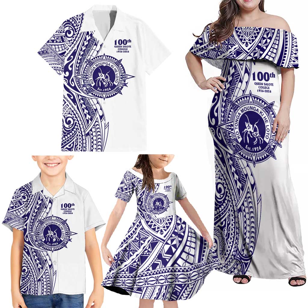Tonga Queen Salote College 100th Years Family Matching Off Shoulder Maxi Dress and Hawaiian Shirt White Tonga Kupesi Uniquely Pacific Art - Polynesian Pride