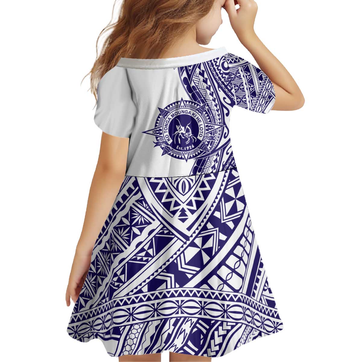 Tonga Queen Salote College 100th Years Kid Short Sleeve Dress White Tonga Kupesi Uniquely Pacific Art - Polynesian Pride