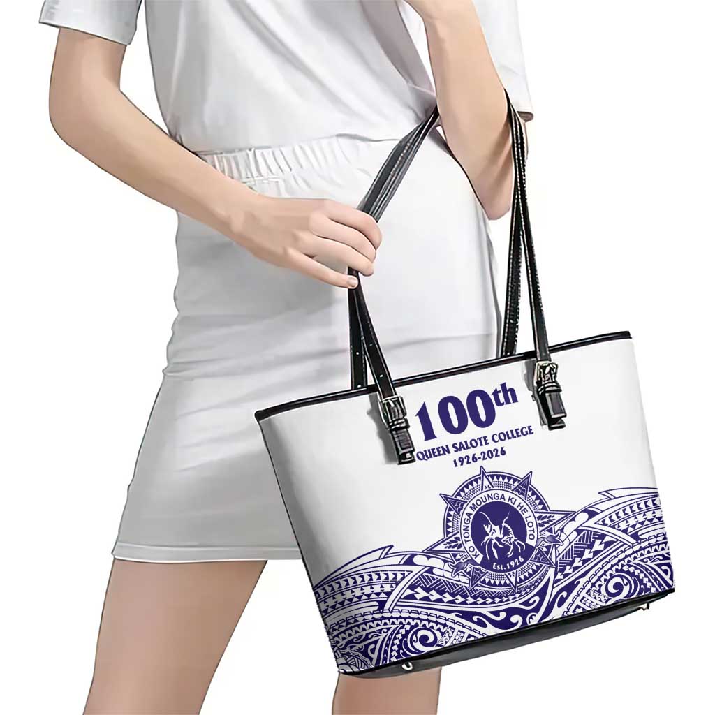 Tonga Queen Salote College 100th Years Leather Tote Bag White Tonga Kupesi Uniquely Pacific Art - Polynesian Pride