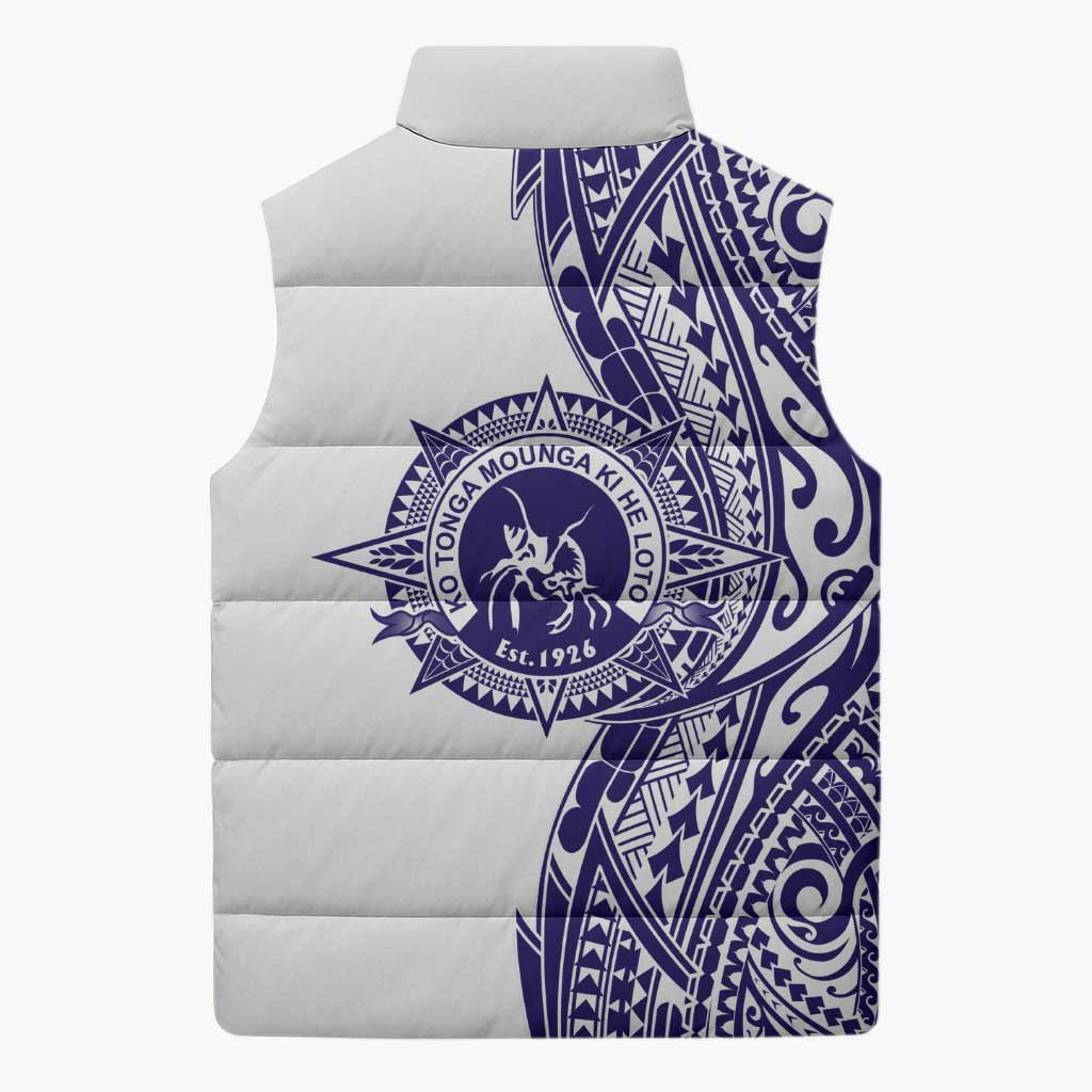 Tonga Queen Salote College 100th Years Sleeveless Puffer Jacket White Tonga Kupesi Uniquely Pacific Art - Polynesian Pride