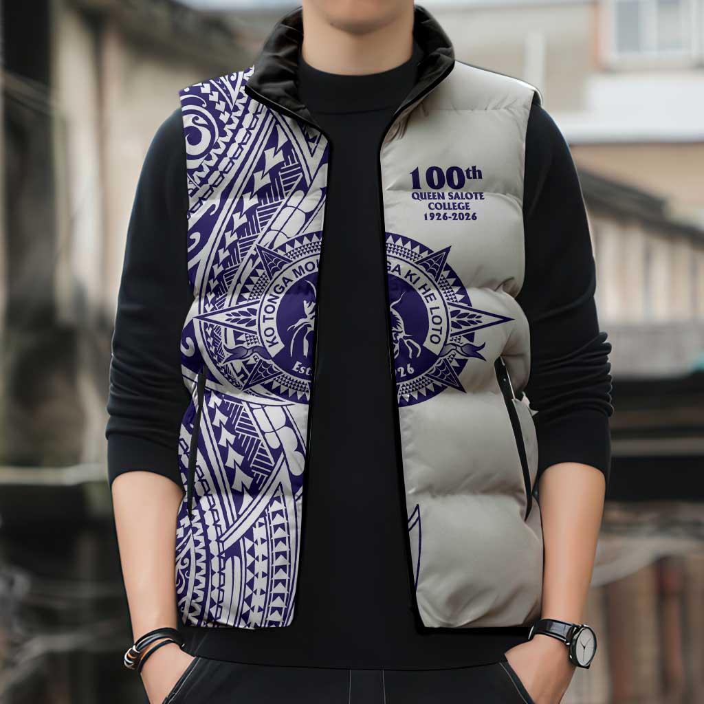 Tonga Queen Salote College 100th Years Sleeveless Puffer Jacket White Tonga Kupesi Uniquely Pacific Art - Polynesian Pride