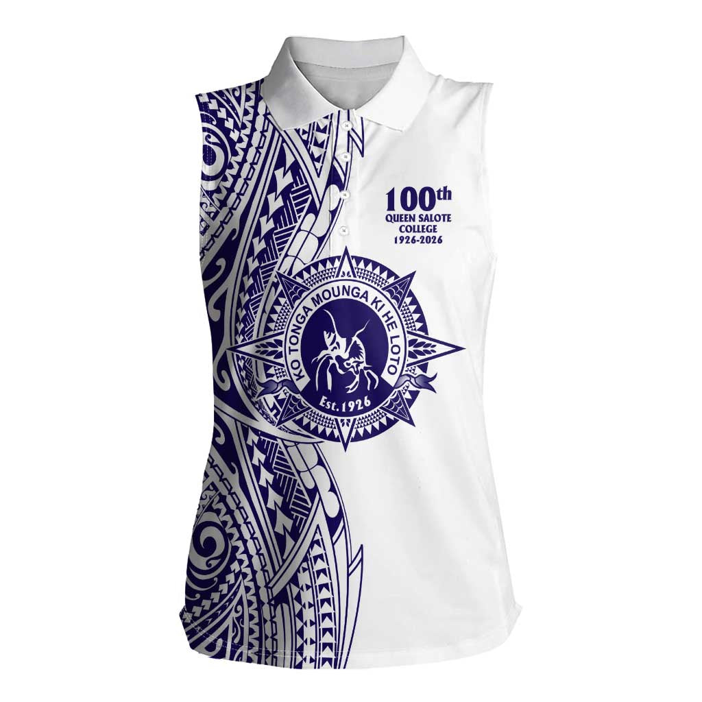 Tonga Queen Salote College 100th Years Women Sleeveless Polo Shirt White Tonga Kupesi Uniquely Pacific Art - Polynesian Pride