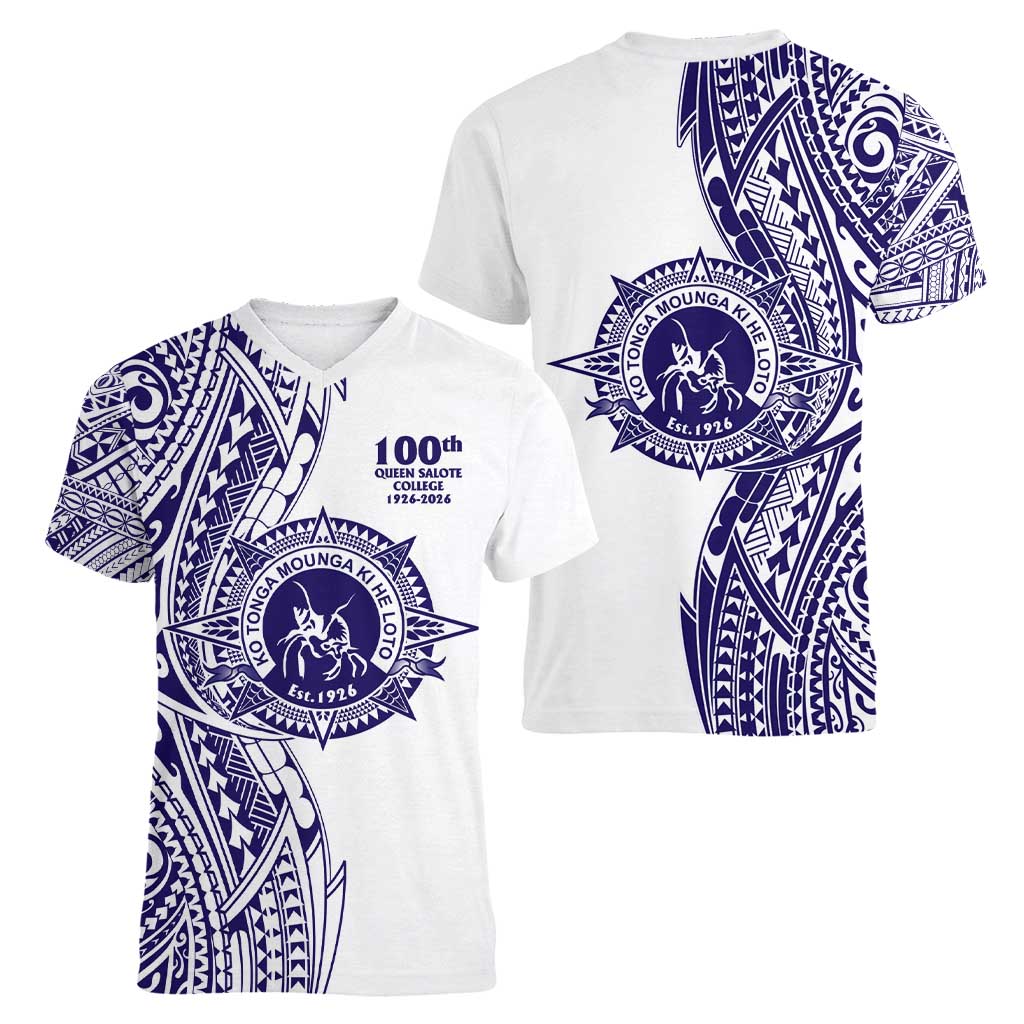 Tonga Queen Salote College 100th Years Women V-Neck T-Shirt White Tonga Kupesi Uniquely Pacific Art - Polynesian Pride