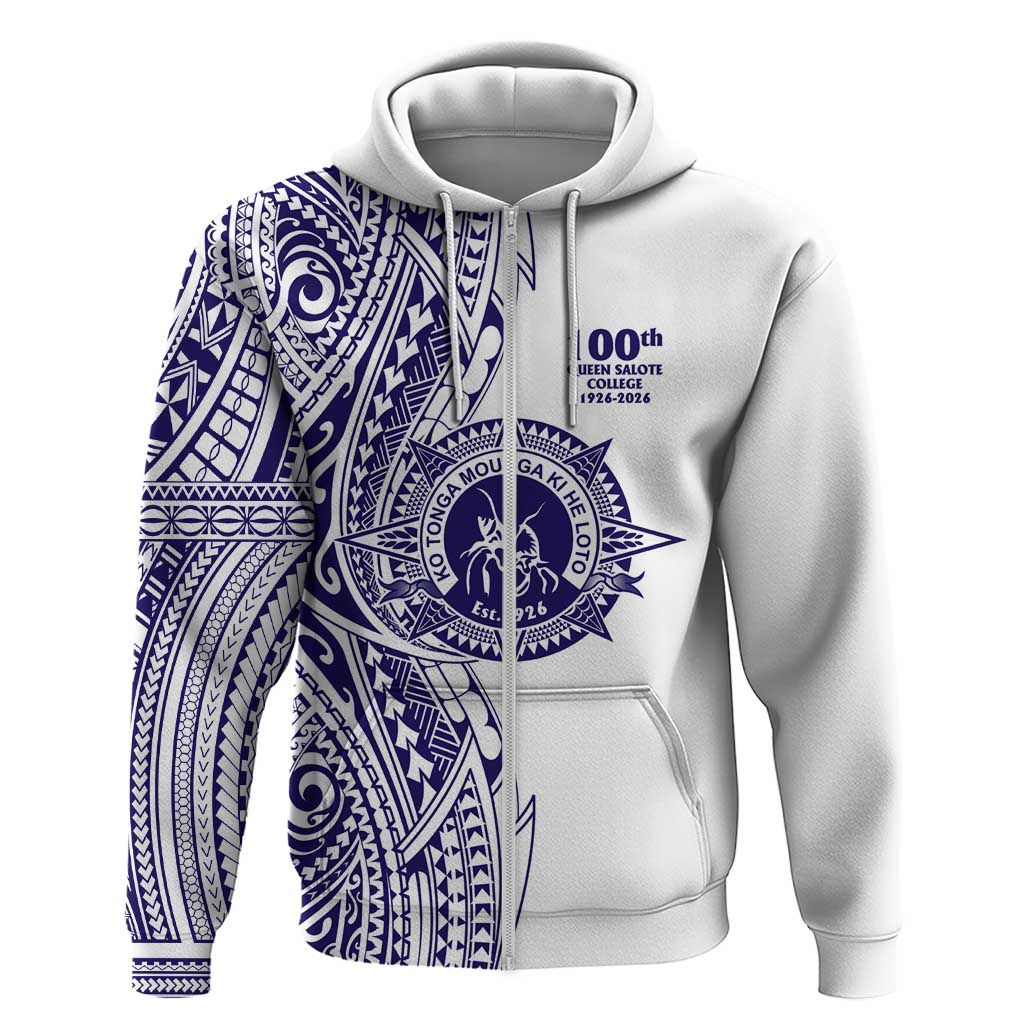 Tonga Queen Salote College 100th Years Zip Hoodie White Tonga Kupesi Uniquely Pacific Art - Polynesian Pride