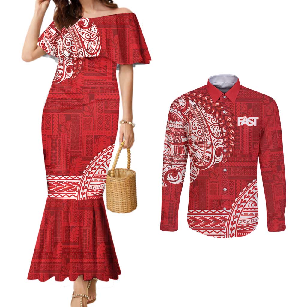 Samoa FAST Couples Matching Mermaid Dress and Long Sleeve Button Shirt Samoan Motif Patterns - Polynesian Pride