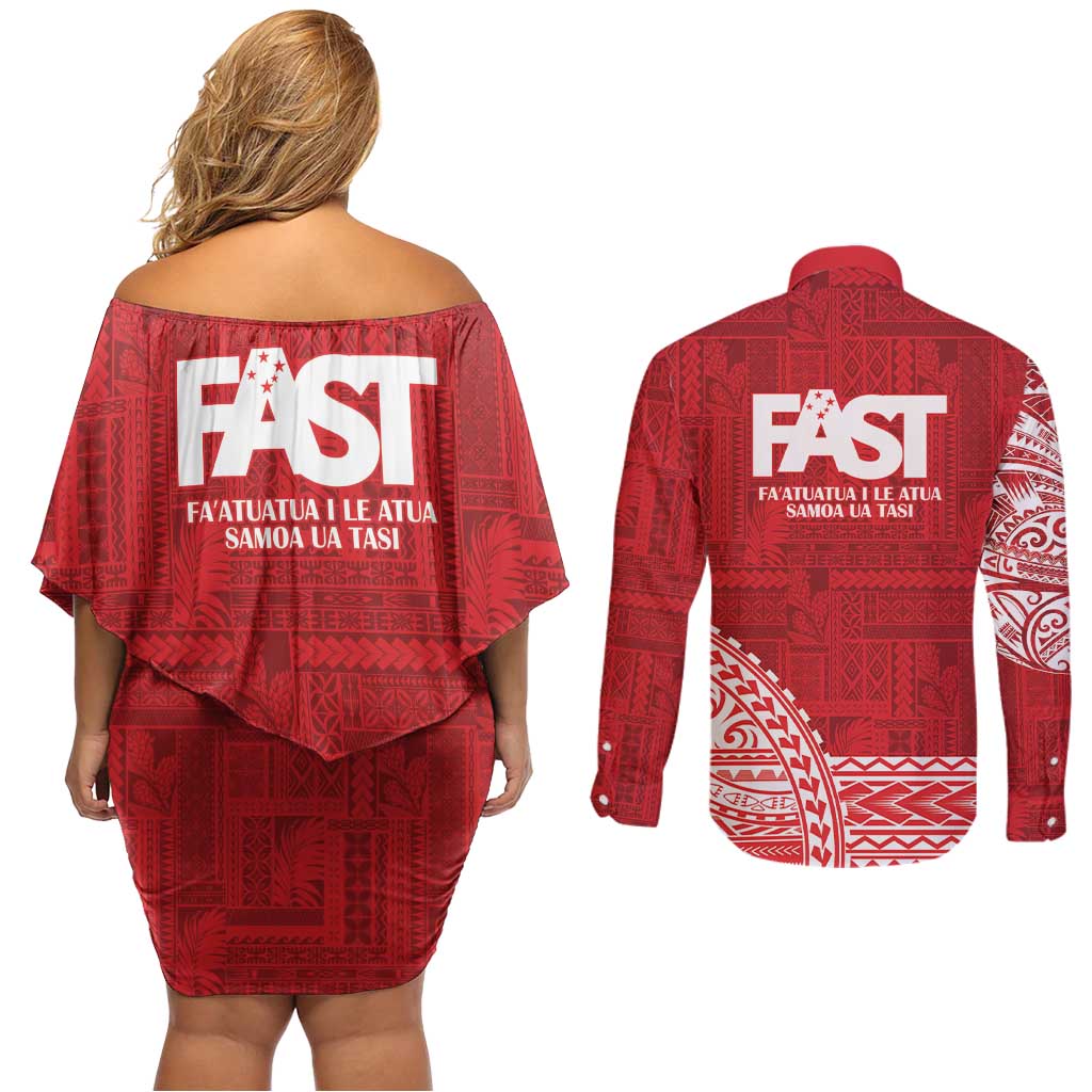 Samoa FAST Couples Matching Off Shoulder Short Dress and Long Sleeve Button Shirt Samoan Motif Patterns - Polynesian Pride