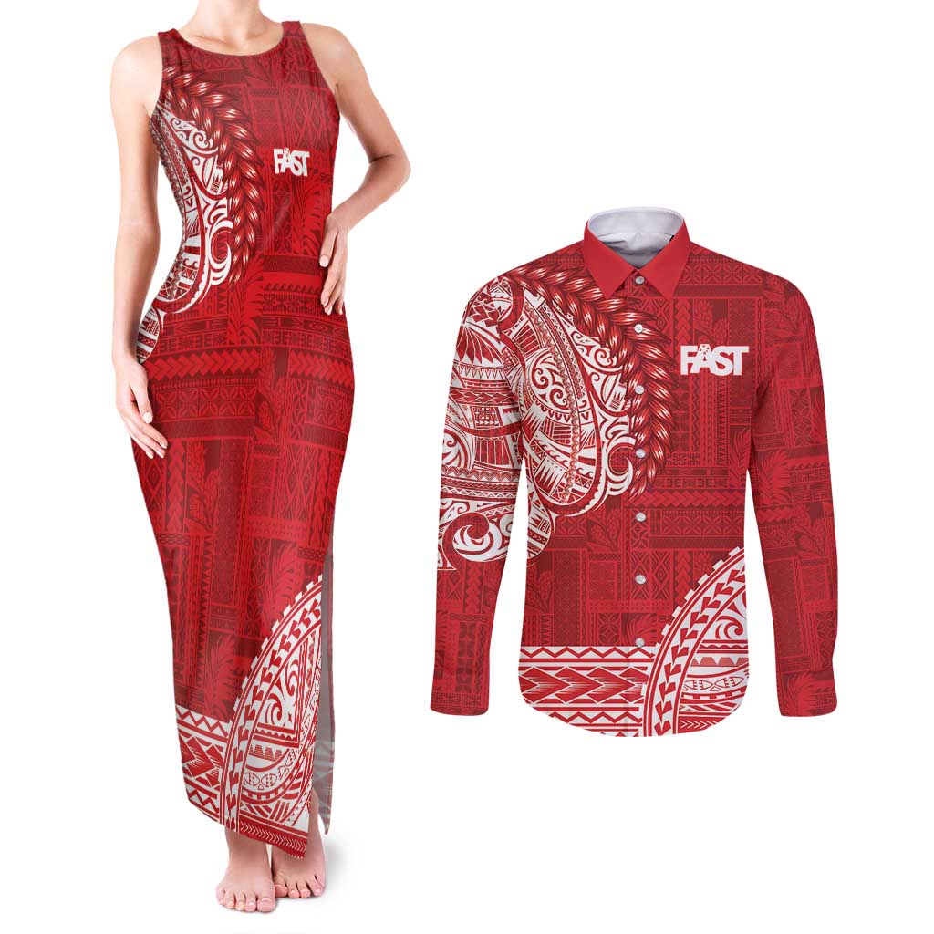 Samoa FAST Couples Matching Tank Maxi Dress and Long Sleeve Button Shirt Samoan Motif Patterns LT9 Red - Polynesian Pride
