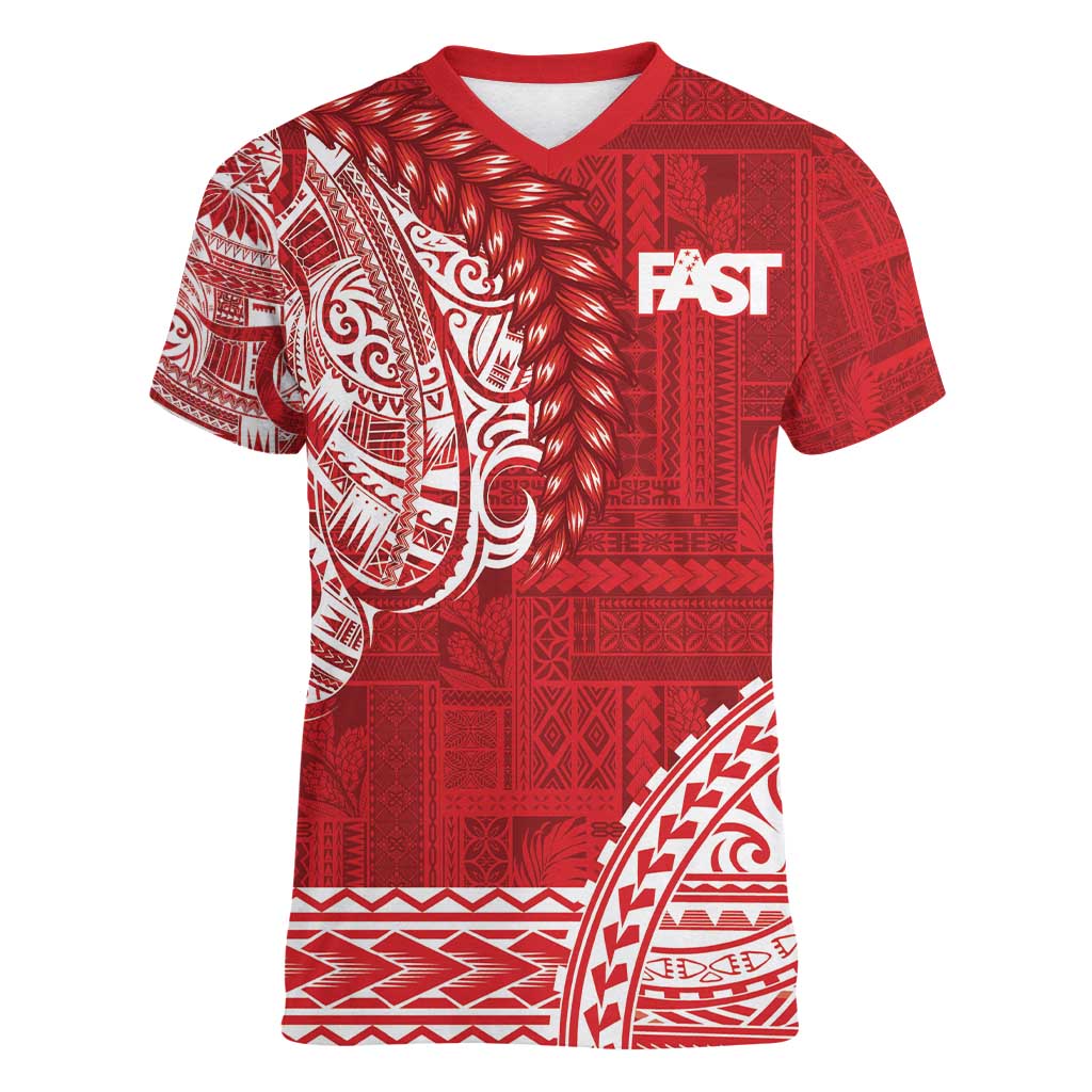Samoa FAST Women V-Neck T-Shirt Samoan Motif Patterns LT9 Female Red - Polynesian Pride