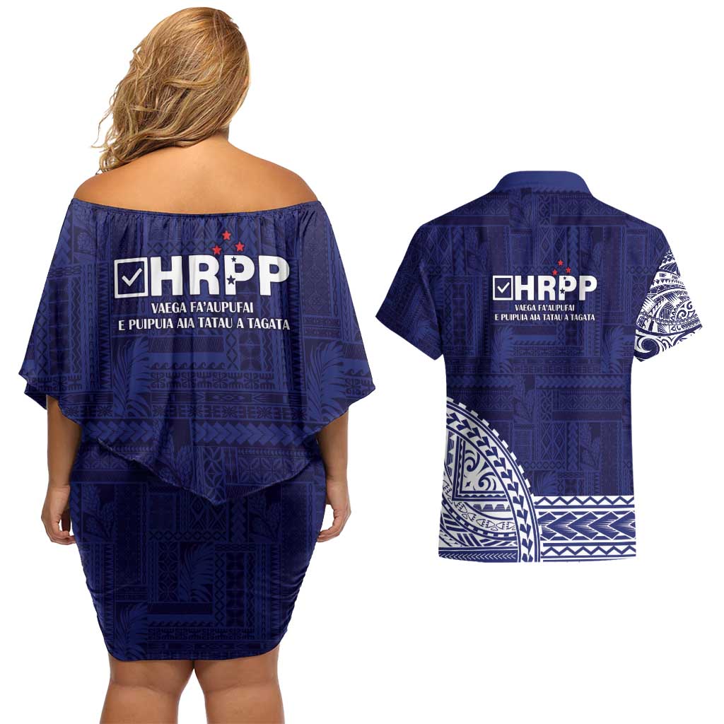 Samoa HRPP Couples Matching Off Shoulder Short Dress and Hawaiian Shirt Samoan Motif Patterns - Polynesian Pride