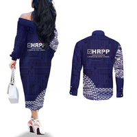 Samoa HRPP Couples Matching Off The Shoulder Long Sleeve Dress and Long Sleeve Button Shirt Samoan Motif Patterns - Polynesian Pride