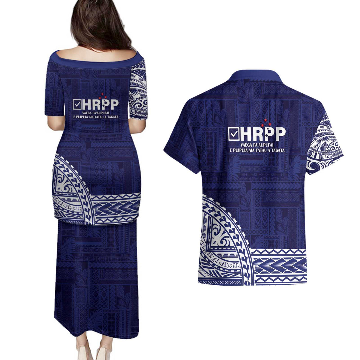 Samoa HRPP Couples Matching Puletasi and Hawaiian Shirt Samoan Motif Patterns - Polynesian Pride