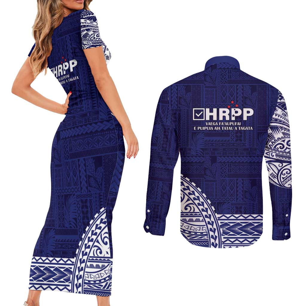 Samoa HRPP Couples Matching Short Sleeve Bodycon Dress and Long Sleeve Button Shirt Samoan Motif Patterns - Polynesian Pride