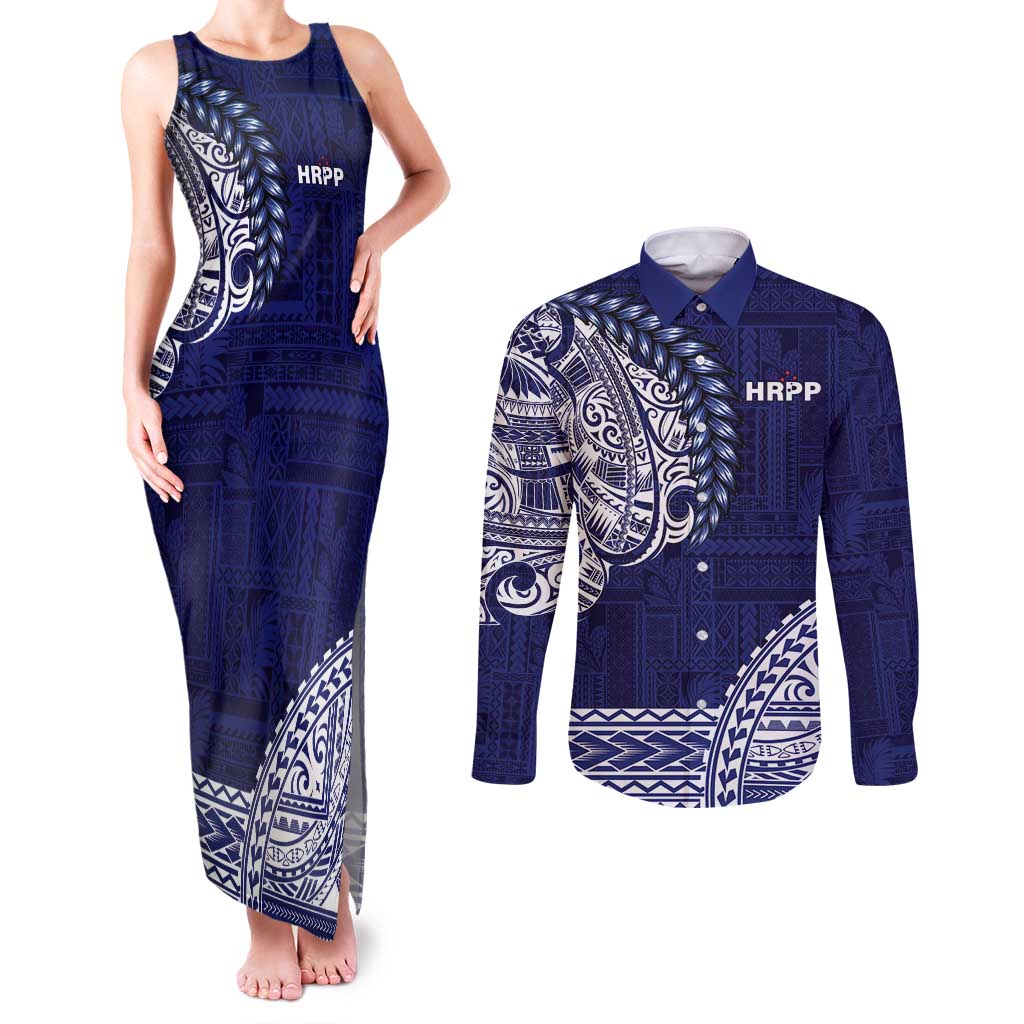 Samoa HRPP Couples Matching Tank Maxi Dress and Long Sleeve Button Shirt Samoan Motif Patterns - Polynesian Pride