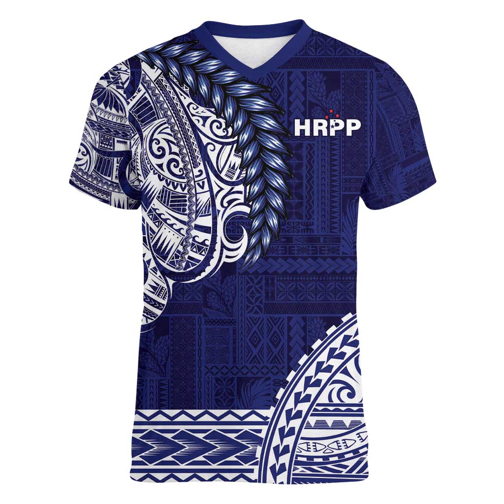 Samoa HRPP Women V-Neck T-Shirt Samoan Motif Patterns LT9 Female Blue - Polynesian Pride