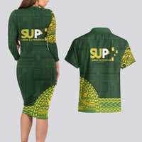 Samoa SUP Couples Matching Long Sleeve Bodycon Dress and Hawaiian Shirt Samoan Motif Patterns - Polynesian Pride