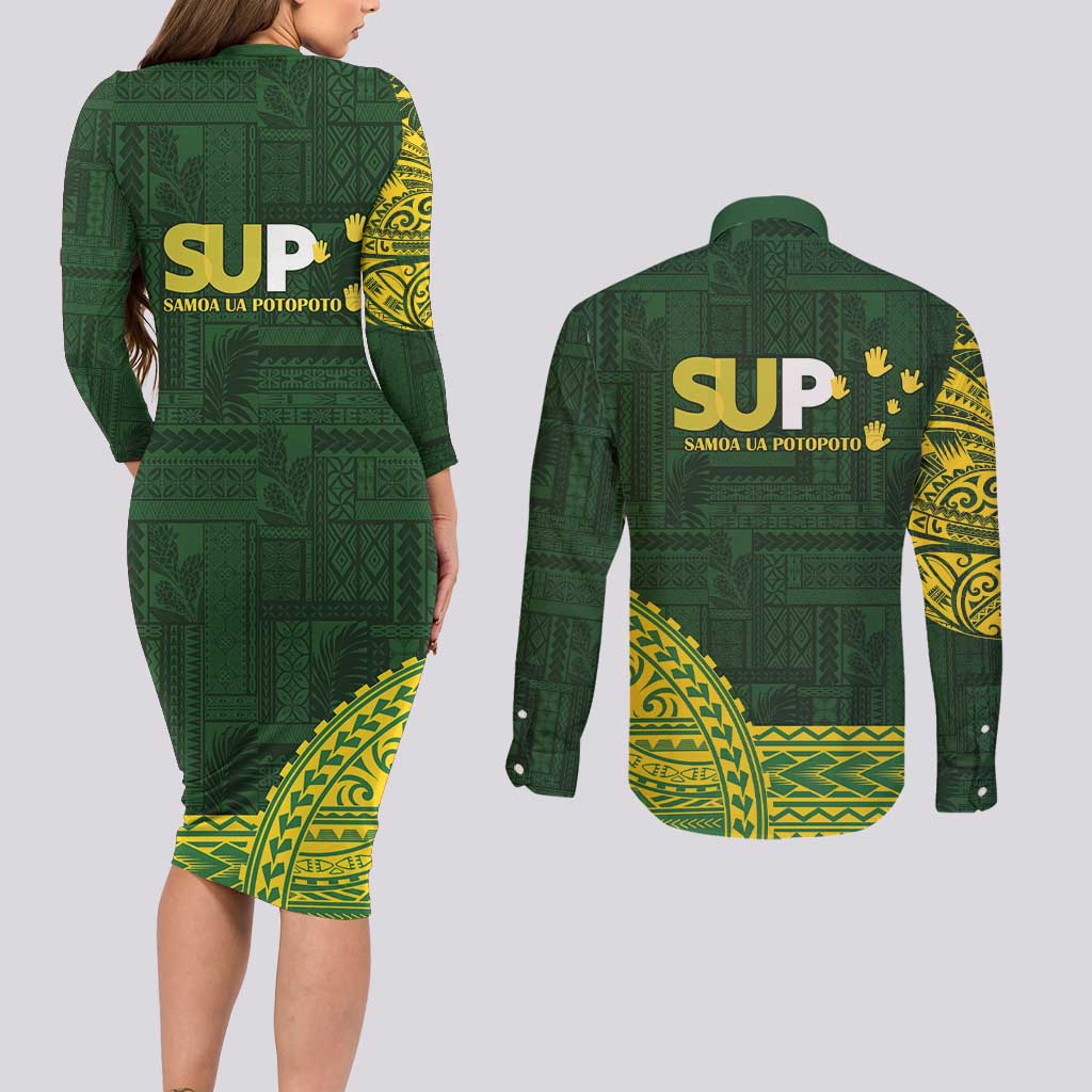 Samoa SUP Couples Matching Long Sleeve Bodycon Dress and Long Sleeve Button Shirt Samoan Motif Patterns - Polynesian Pride