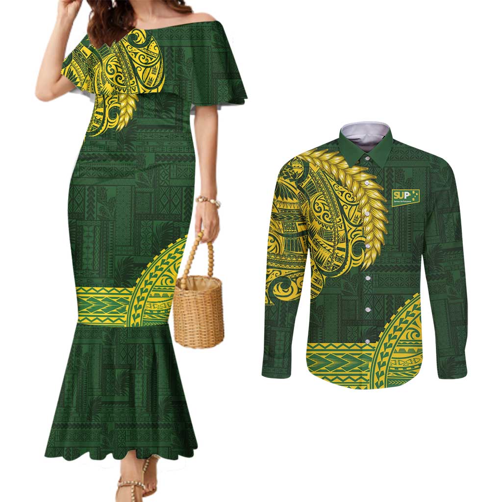 Samoa SUP Couples Matching Mermaid Dress and Long Sleeve Button Shirt Samoan Motif Patterns - Polynesian Pride