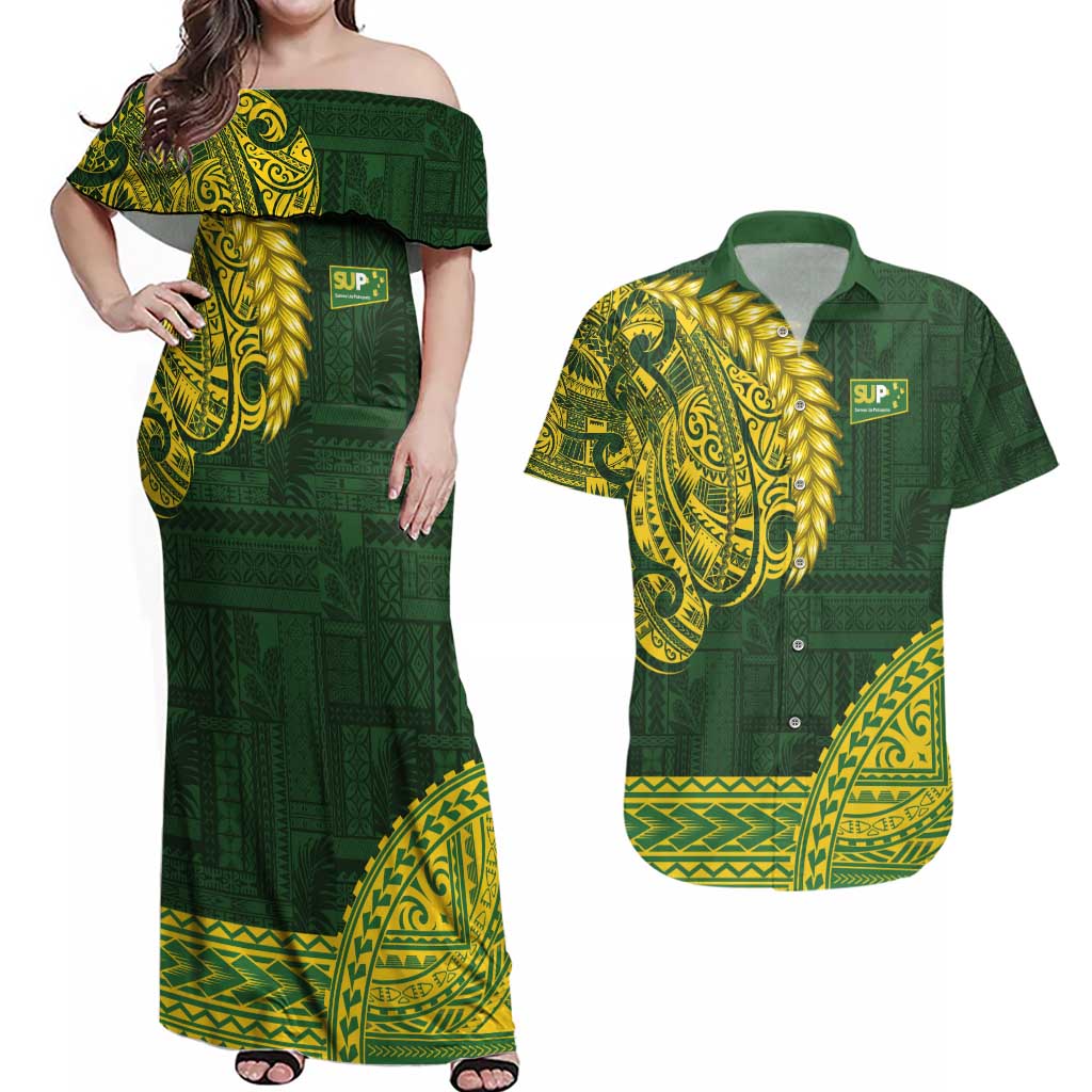 Samoa SUP Couples Matching Off Shoulder Maxi Dress and Hawaiian Shirt Samoan Motif Patterns - Polynesian Pride
