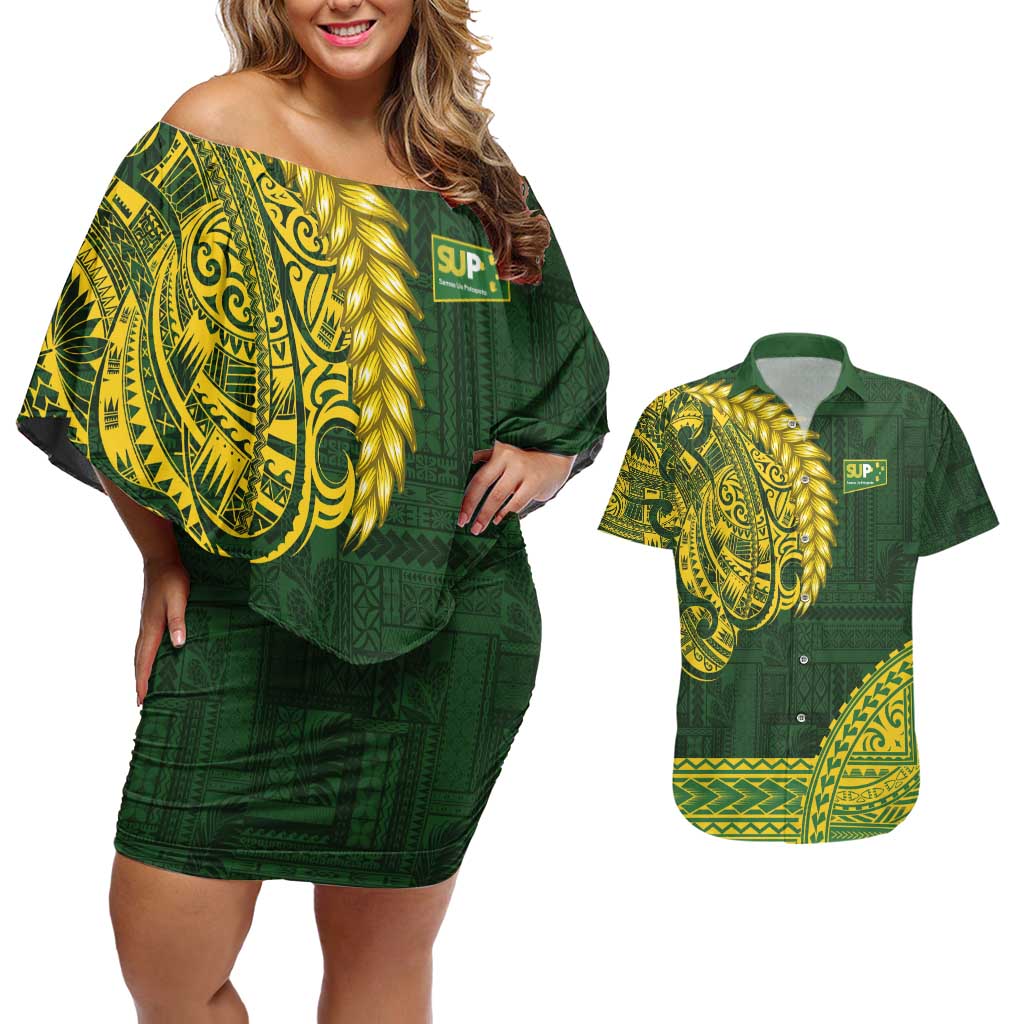Samoa SUP Couples Matching Off Shoulder Short Dress and Hawaiian Shirt Samoan Motif Patterns - Polynesian Pride
