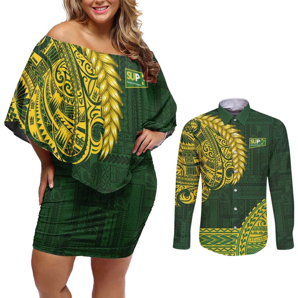 Samoa SUP Couples Matching Off Shoulder Short Dress and Long Sleeve Button Shirt Samoan Motif Patterns - Polynesian Pride