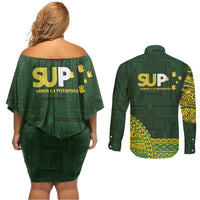 Samoa SUP Couples Matching Off Shoulder Short Dress and Long Sleeve Button Shirt Samoan Motif Patterns - Polynesian Pride
