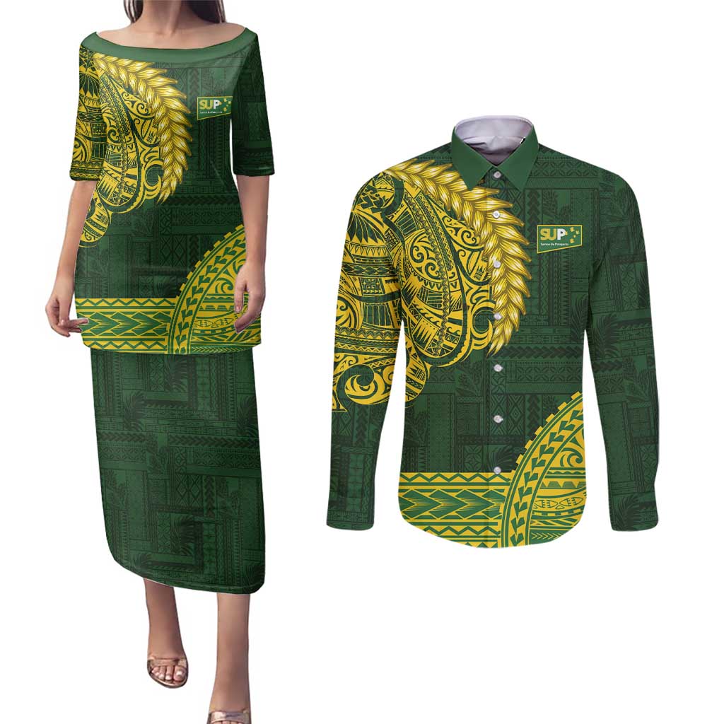 Samoa SUP Couples Matching Puletasi and Long Sleeve Button Shirt Samoan Motif Patterns - Polynesian Pride