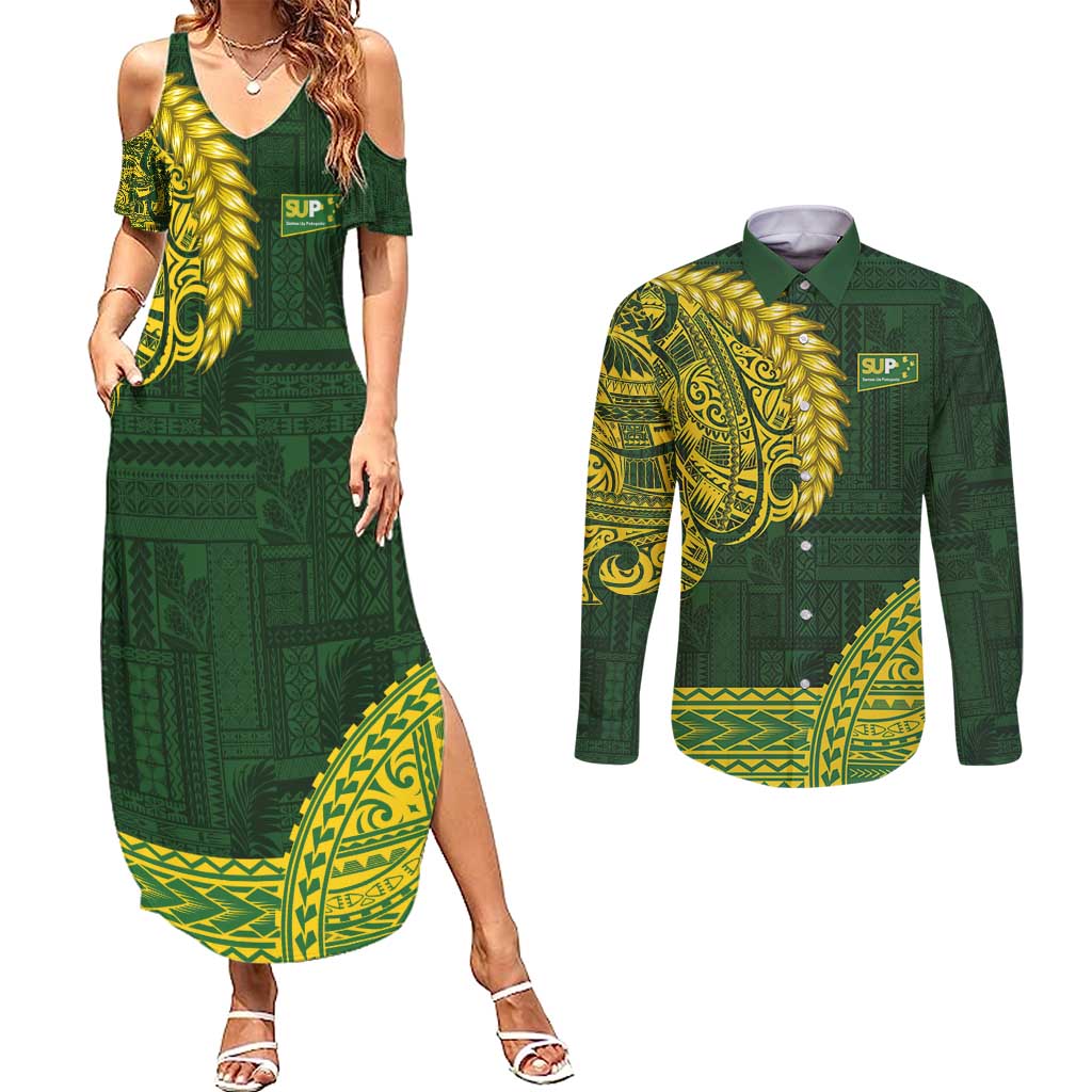 Samoa SUP Couples Matching Summer Maxi Dress and Long Sleeve Button Shirt Samoan Motif Patterns LT9 Green - Polynesian Pride