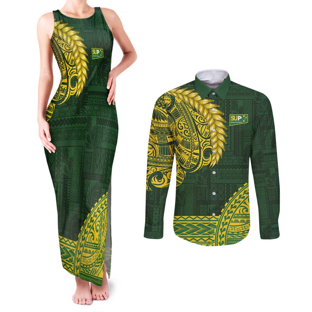 Samoa SUP Couples Matching Tank Maxi Dress and Long Sleeve Button Shirt Samoan Motif Patterns LT9 Green - Polynesian Pride