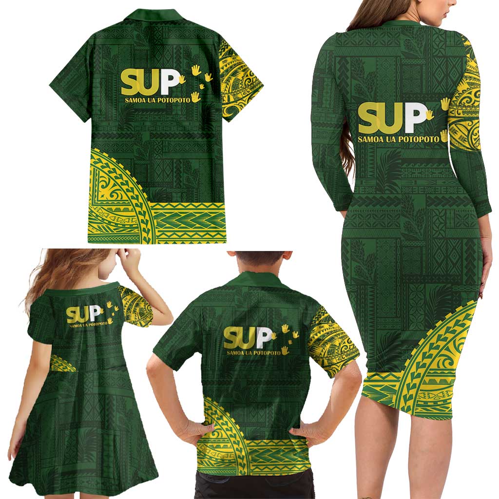 Samoa SUP Family Matching Long Sleeve Bodycon Dress and Hawaiian Shirt Samoan Motif Patterns - Polynesian Pride
