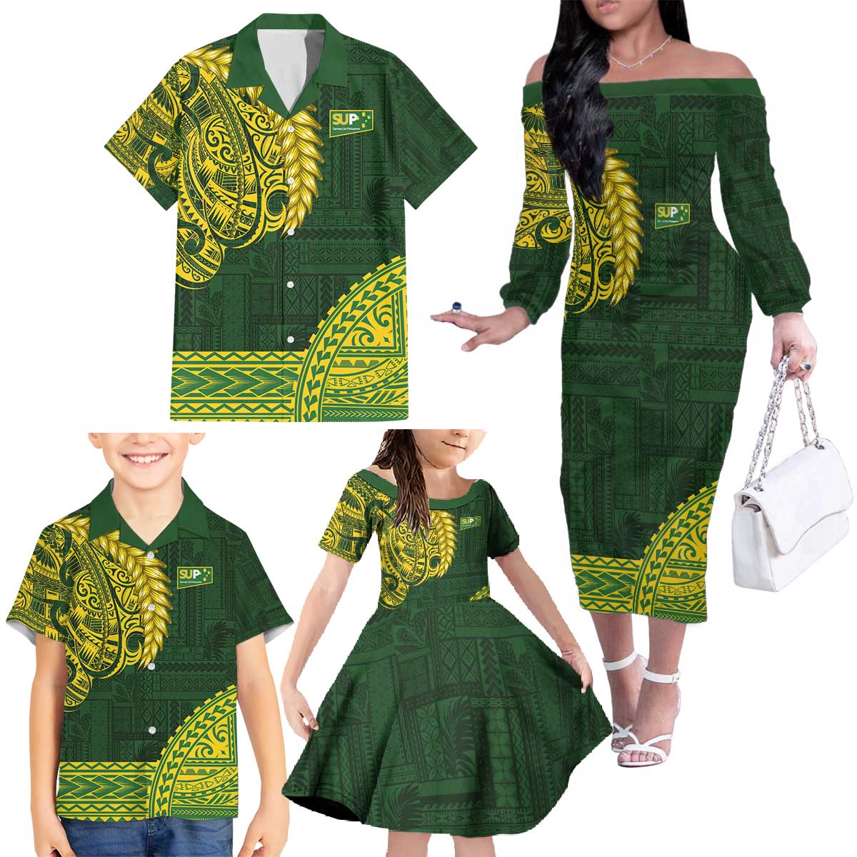 Samoa SUP Family Matching Off The Shoulder Long Sleeve Dress and Hawaiian Shirt Samoan Motif Patterns - Polynesian Pride