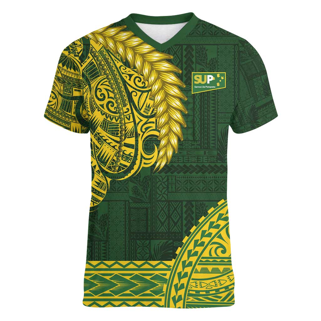 Samoa SUP Women V-Neck T-Shirt Samoan Motif Patterns LT9 Female Green - Polynesian Pride