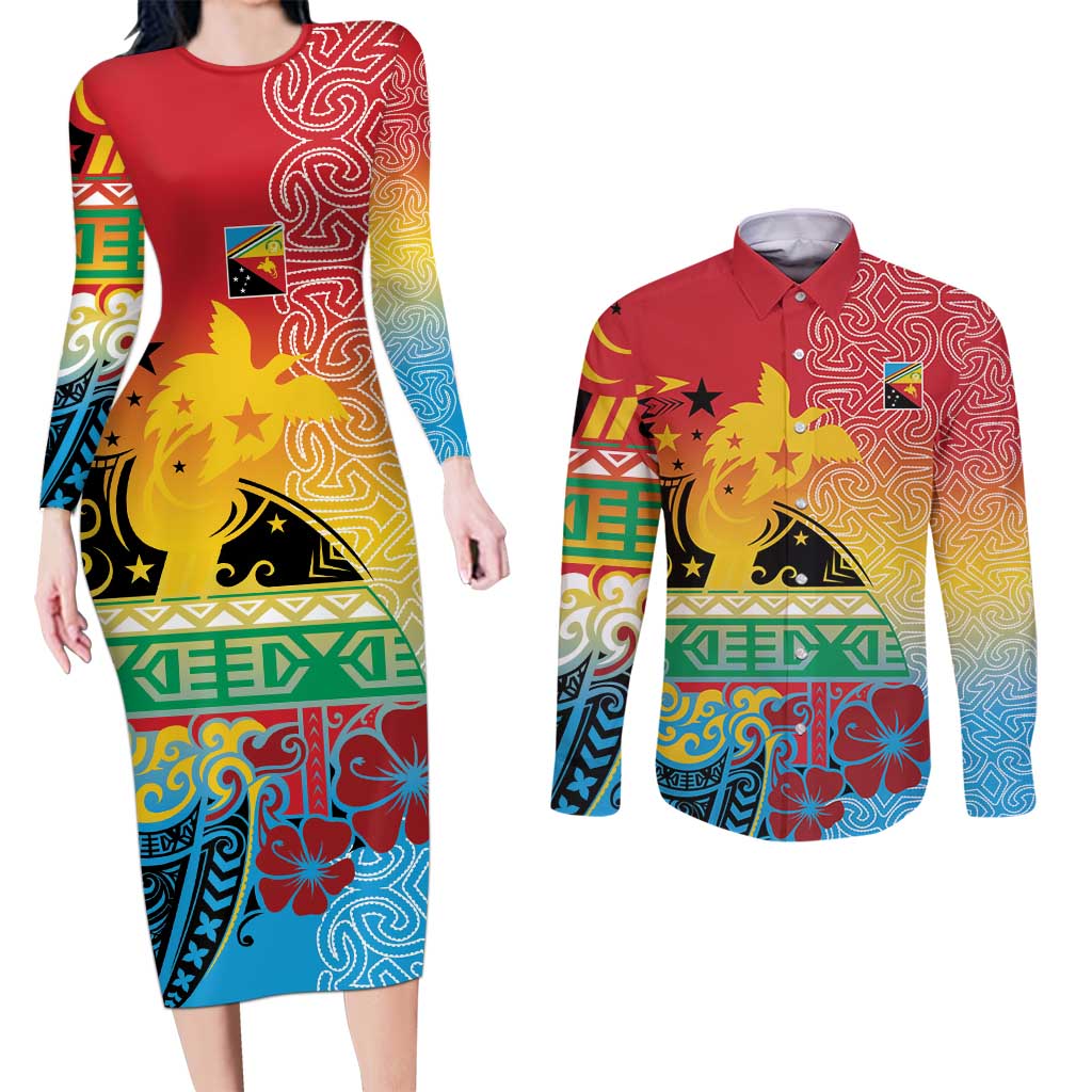 Personalised Torba PNG Day Couples Matching Long Sleeve Bodycon Dress and Long Sleeve Button Shirt Oro Tapa Pattern - Polynesian Pride