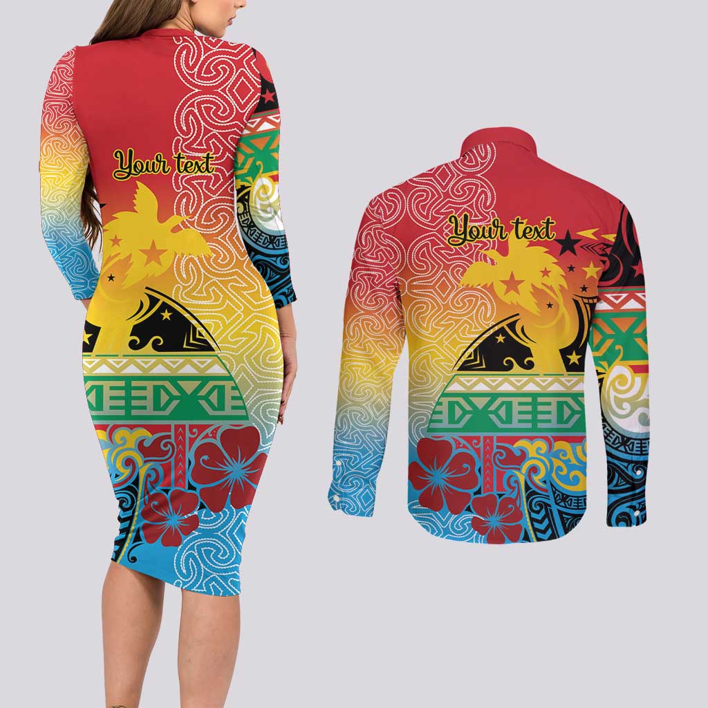 Personalised Torba PNG Day Couples Matching Long Sleeve Bodycon Dress and Long Sleeve Button Shirt Oro Tapa Pattern - Polynesian Pride