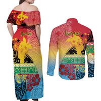 Personalised Torba PNG Day Couples Matching Off Shoulder Maxi Dress and Long Sleeve Button Shirt Oro Tapa Pattern - Polynesian Pride