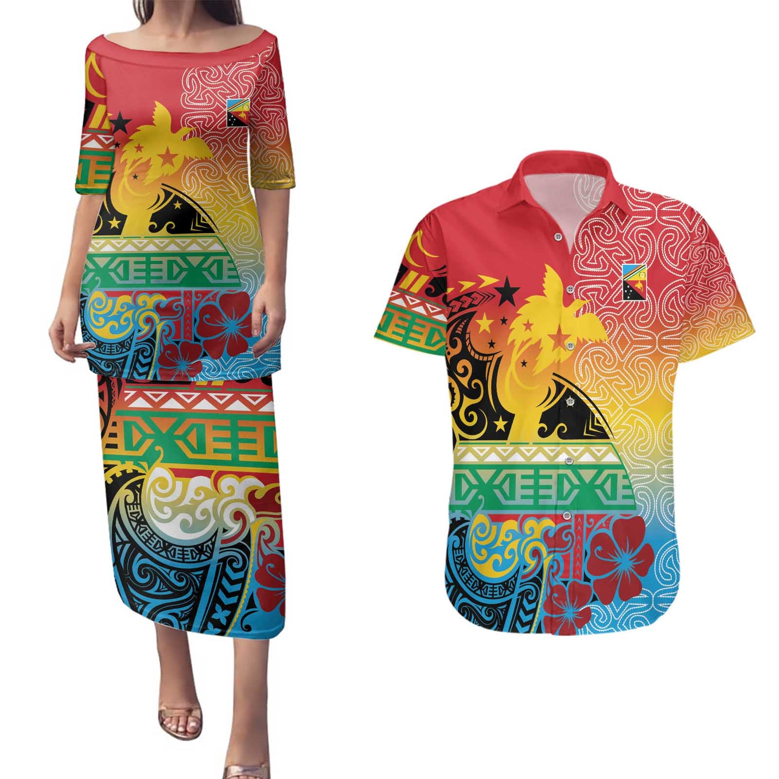 Personalised Torba PNG Day Couples Matching Puletasi and Hawaiian Shirt Oro Tapa Pattern - Polynesian Pride